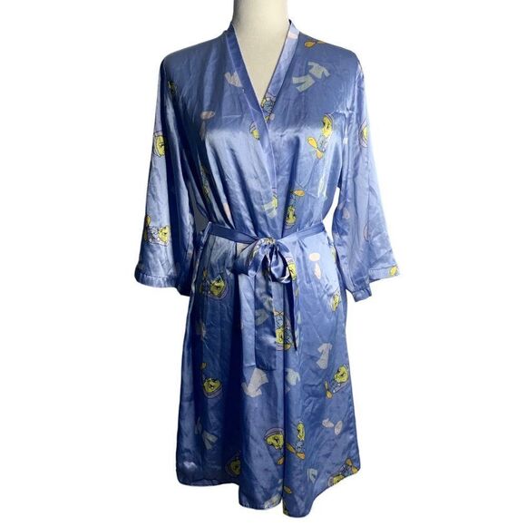 Vintage 90s Looney Tunes Tweet Bird Robe S Blue Silky Satin Tie Belt - Picture 1 of 7